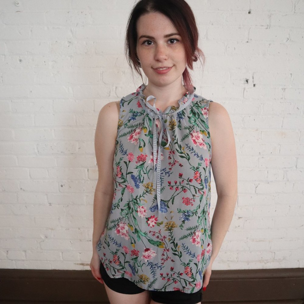Violet + Claire Baby Blue Floral Tie Neck Blouse